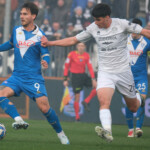 Flavio Bianchi of Brescia Calcio FC contrasted by Raphael Kofler of FC Sudtirol Team during the Italian Serie B soccer championship match between Brescia Calcio and FC Sudtirol at Mario Rigamonti Stadium on February 23, 2025, Brixia, Italy.