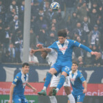 Gennaro Borrelli of Brescia Calcio FC hit the ball during the Italian Serie B soccer championship match between Brescia Calcio and FC Sudtirol at Mario Rigamonti Stadium on February 23, 2025, Brixia, Italy.