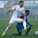 Hamza El Kaouakibi of FC Sudtirol Team contrasted by Patrick Nuamah of Brescia Calcio FC during the Italian Serie B soccer championship match between Brescia Calcio and FC Sudtirol at Mario Rigamonti Stadium on February 23, 2025, Brixia, Italy.
