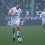 Silvio Merkaj of FC Sudtirol Team carries the ball during the Italian Serie B soccer championship match between Brescia Calcio and FC Sudtirol at Mario Rigamonti Stadium on February 23, 2025, Brixia, Italy.
