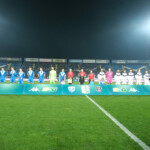 Brescia Calcio FC Team and Cesena FC Team of Cesena FC Team lined up before the kick-off during the Italian Serie B soccer championship football match between Brescia Calcio FC and Cesena FC at Mario Rigamonti Stadium on March 8, 2025, Brixia, Italy.