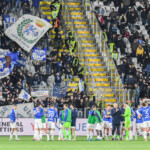 Brescia team under supporters during Spezia Calcio vs Brescia Calcio, Italian soccer Serie B match in La Spezia, Italy, March 28 2025