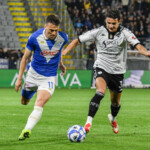 Gabriele Moncini (Brescia) fights for the ball against Ales Mateju (Spezia) during Spezia Calcio vs Brescia Calcio, Italian soccer Serie B match in La Spezia, Italy, March 28 2025