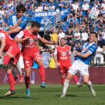 Gennaro Borrelli of Brescia Calcio FC hit the ball during the Italian Serie B soccer championship football match between Brescia Calcio FC and Mantova 1911 at Mario Rigamonti Stadium on April 5, 2025, Brixia, Italy.