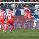 Fabrizio Brignani of Mantova 1911 scores a second goal of the match during the Italian Serie B soccer championship football match between Brescia Calcio FC and Mantova 1911 at Mario Rigamonti Stadium on April 5, 2025, Brixia, Italy.