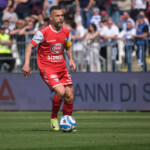 Salvatore Burrai of Mantova 1911 carries the ball during the Italian Serie B soccer championship football match between Brescia Calcio FC and Mantova 1911 at Mario Rigamonti Stadium on April 5, 2025, Brixia, Italy.