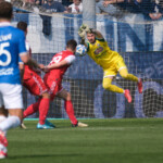 Marco Festa of Mantova 1911 keep the ball during the Italian Serie B soccer championship football match between Brescia Calcio FC and Mantova 1911 at Mario Rigamonti Stadium on April 5, 2025, Brixia, Italy.