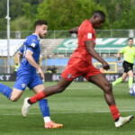 Idrissa Toure' (Pisa) shoots towards the goal during Brescia Calcio vs AC Pisa, Italian soccer Serie B match in Brescia, Italy, April 25 2025