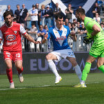 Luca Lezzerini of Brescia Calcio FC and Dimitri Bisoli of Brescia Calcio FC during the Italian Serie B soccer championship football match between Brescia Calcio FC and Mantova 1911 at Mario Rigamonti Stadium on April 5, 2025, Brixia, Italy.