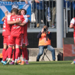 Mantova 1911 Team celebrates after scores a goal during the Italian Serie B soccer championship football match between Brescia Calcio FC and Mantova 1911 at Mario Rigamonti Stadium on April 5, 2025, Brixia, Italy.