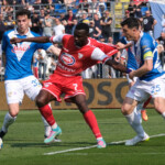 Davis Mensah of Mantova 1911 contrasted by Dimitri Bisoli of Brescia Calcio FC during the Italian Serie B soccer championship football match between Brescia Calcio FC and Mantova 1911 at Mario Rigamonti Stadium on April 5, 2025, Brixia, Italy.