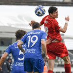 header of Stefano Moreo (Pisa) during Brescia Calcio vs AC Pisa, Italian soccer Serie B match in Brescia, Italy, April 25 2025