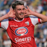 Nicolo Radaelli of Mantova 1911 celebrates after scores a goal during the Italian Serie B soccer championship football match between Brescia Calcio FC and Mantova 1911 at Mario Rigamonti Stadium on April 5, 2025, Brixia, Italy.