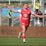 Nicolo Radaelli of Mantova 1911 celebrates after scores a goal during the Italian Serie B soccer championship football match between Brescia Calcio FC and Mantova 1911 at Mario Rigamonti Stadium on April 5, 2025, Brixia, Italy.