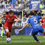 Matteo Tramoni (Pisa) scores the goal of 0-1 during Brescia Calcio vs AC Pisa, Italian soccer Serie B match in Brescia, Italy, April 25 2025