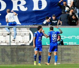 Valerio Crespi of Union Brescia celebrates after scoring goal in the 45th minute for 0-1 during the match of 6th day of the Serie A Championship between L.R. Vicenza vs Union Brescia at the Romeo Menti Stadium on 29 March 2026 in Vicenza, VI.
